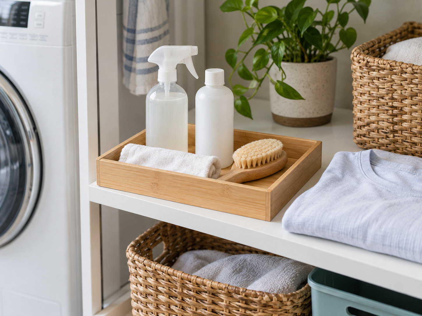 A small wooden tray with plain stain-treatment bottles, a clean cloth, and a soft brush beside a folded shirt in a home laundry area.